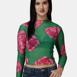 Popwings Floral Printed Halter Neck Net Crop Top-picture-51