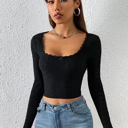 Stylecast X Slyck Schiffli Self Design Square Neck Crop Top-picture-17