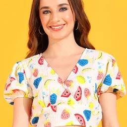 DODO & MOA White Conversational Printed V-Neck Snap Button Casual Crop Top-picture-20