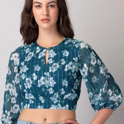 FabAlley Floral Printed Key Hole Neck Blouson Crop Top-image-35
