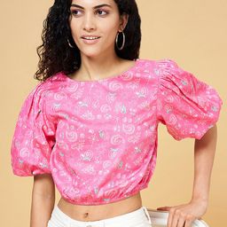 People Pink Printed Puff Sleeve Satin Blouson Crop Top-image-26
