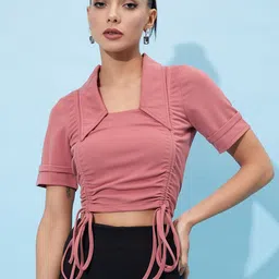 Athena Ruched Tie-Up With Collar Crop Top-image-67
