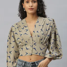SHOWOFF Beige Print Crepe Wrap Crop Top-image-9