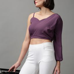 SHOWOFF Purple One Shoulder Crepe Wrap Crop Top-image-10