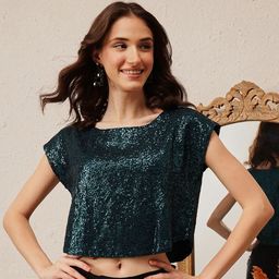 QUIERO Women Embellished Cap Sleeves Georgette Crop Top-picture-33