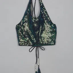 SAKA DESIGNS Embellished Halter Neck Georgette Crop Top-picture-30
