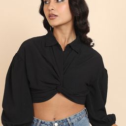 Tokyo Talkies Black Self Designed Shirt Collar Crop Shirt Style Top-image-88