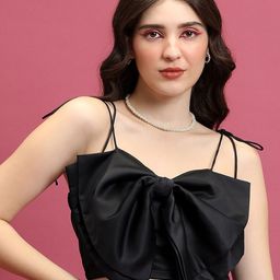 Tokyo Talkies Black Shoulder Straps Sleeveless Crop Bow  Top-image-89