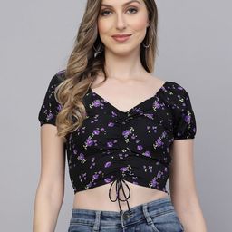 aayu Purple Floral Print Crepe Crop Top-image-39