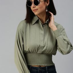 SHOWOFF Olive Green Smocked Shirt Style Crop Top-image-19