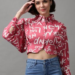 SHOWOFF Women Pink & White Print Crepe Shirt Style Crop Top-picture-28