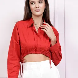 Athena Drop Shoulder Sleeves Cotton Shirt Style Crop Top-image-53