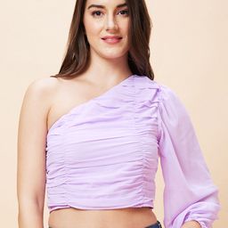 Globus Lavender Gathered Detailed One shoulder Puff Sleeves Crop Top-image-81