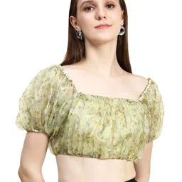 Rujave Floral Print Accordion Pleats Square Neck Puff Sleeves Blouson Crop Top-image-6