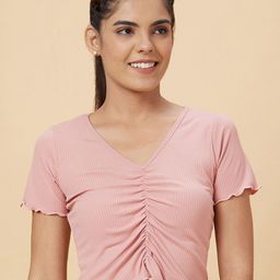 Globus Pink V-Neck Ruched Fitted Crop Top-image-90