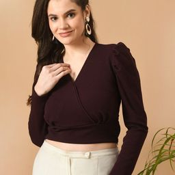 IUGA V-Neck Puff Sleeve Crop Top-image-58