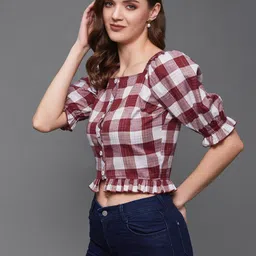 DressBerry Maroon Checked Puff Sleeve Georgette Crop Top-6