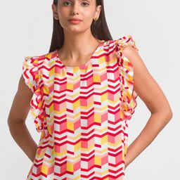 Globus White & Red Geometric Print Ruffles Top image 1