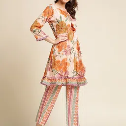 Ishin Peach Floral Printed Pure Cotton Empire Kurta With Trousers-10