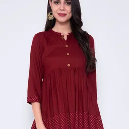 God Bless Maroon Mandarin Collar Empire Top-image-36