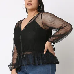 Curves by MISH Plus Size Self Design Waist Tie-Up Semi Sheer Top image 3