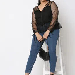 Curves by MISH Plus Size Self Design Waist Tie-Up Semi Sheer Top image 5