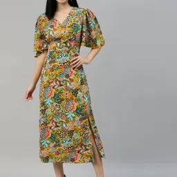 plusS Mustard Yellow & Green Floral Midi Dress-image-17