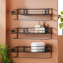 Kuber Industries Black 3 Pieces Metal Shelf Storage Rack for Wall-49