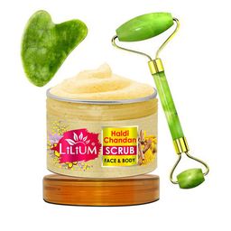 Lilium Set Of Haldi Chandan Face & Body Scrub & Double Side Face Roller - 250g-2