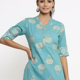 kipek Turquoise Blue & White Viscose Rayon Printed Tunic-21