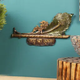 Two Moustaches Golden & Green Krishna Morpankh Brass Hanging Wall Decor-image-35