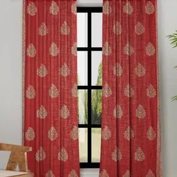 Fabindia Red & Gold-Toned Ethnic Motifs Sheer Cotton Long Door Curtain-13