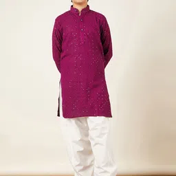 Aj DEZInES Boys Sequined Embroidered Regular Pure Cotton Kurta with Salwar-image-55