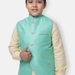 NAMASKAR Boys Green & Gold Woven-Design Pure Silk Nehru Jacket-48