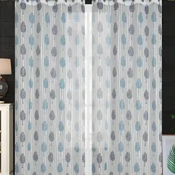 COMFY HOME Blue & White 2 Pieces Floral Sheer Long Door Curtains-39