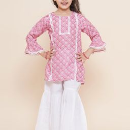 Aj DEZInES Girls Floral Printed Bell Sleeves Pure Cotton Kurti With Sharara-image-51