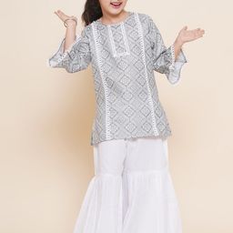 Aj DEZInES Girls Ethnic Motifs Printed Bell Sleeves Pure Cotton Kurti With Sharara-image-18