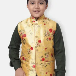 NAMASKAR Boys Yellow & Red Floral Printed Nehru Jackets-33