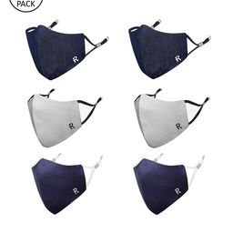 MASQ Pack Of 6 Navy Blue & Grey 4-Ply Pure Cotton Reusable Cloth Masks-17