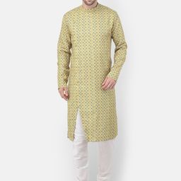 TABARD Men Yellow & Blue Cotton Jacquard Kurta-image-83