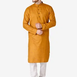TABARD Men Yellow Checked Mandarin Collar Cotton Kurta-image-99