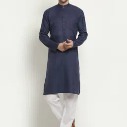 NEUDIS Men Navy Blue & White Regular Pure Cotton Kurta with Churidar-image-37