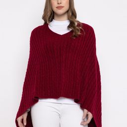 513 Cable Knit Self Design V-Neck Poncho Sweater-image-118