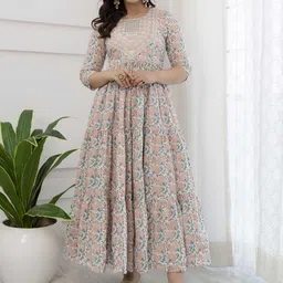 FASHION DEPTH Floral Printed Embroidered Mirror Work Cotton Anarkali Kurta-28