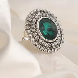 SOHI Silver-Plated White &Green Stone-Studded Adjustable Finger Rings-54