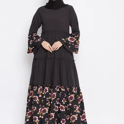 NABIA Women Olive Black Printed Tiered Frill Abaya Burqa-image-24