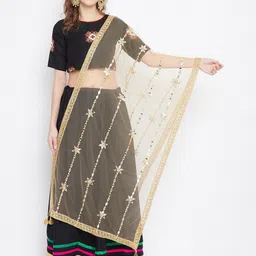 Clora Creation Floral Embroidered Mirror Work Dupatta With Tasslled Border image 1
