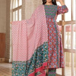 KALINI Women Floral Printed Regular Mirror Work Pure Cotton Kurta with Trousers & With Dupatta-picture-13
