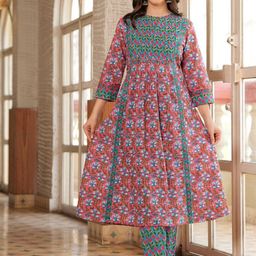 KALINI Women Floral Printed Regular Mirror Work Pure Cotton Kurta with Trousers & With Dupatta-image-79