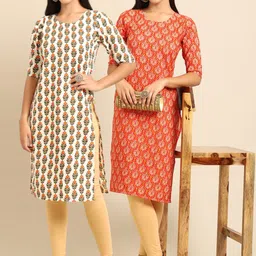 KALINI Women Pack of 2 Off White & Orange Ethnic Motifs Printed Crepe Kurtas-image-51